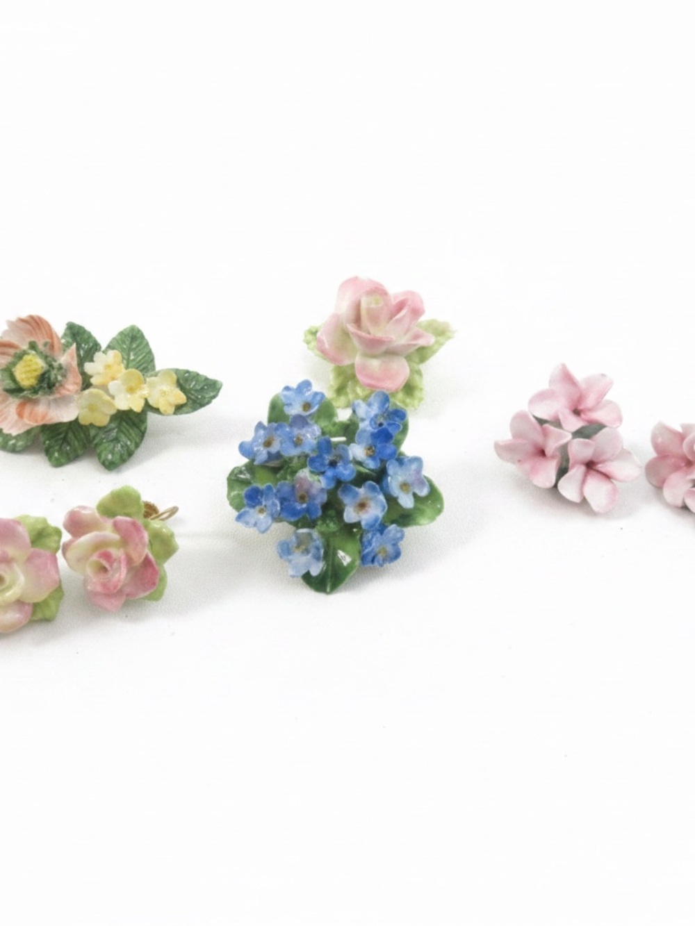Vintage Floral Porcelain Brooches and Earrings